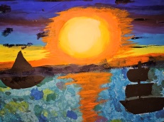 Praca przedstawia krajobraz morski z zachodem słońca. Na morzu czarne sylwetki statków