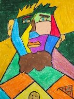 Praca przedstawia wielokolorowy, zgeometryzowany, pocięty, typowy dla kubizmu portret chłopaka
