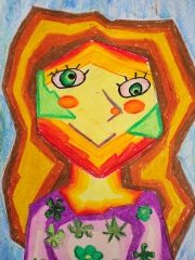 Praca przedstawia wielokolorowy, zgeometryzowany, pocięty, typowy dla kubizmu portret dziewczyny