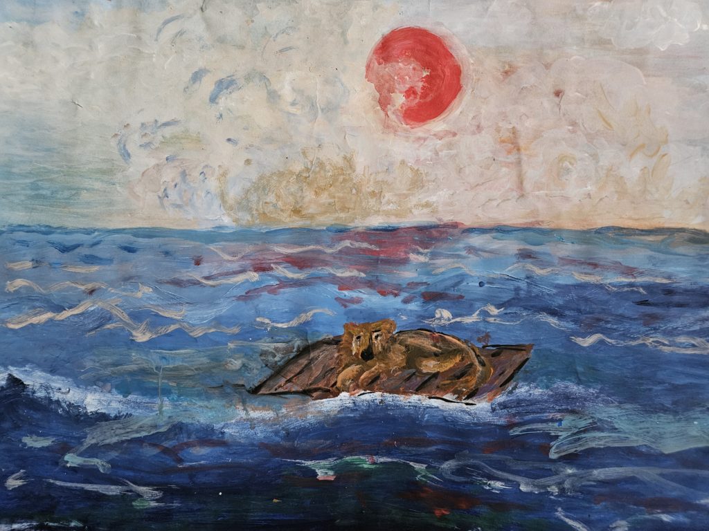 Praca przedstawia krajobraz morski z centralnie dryfującą tratwą na której leży lew. Centralnie na niebie czerwone słońce