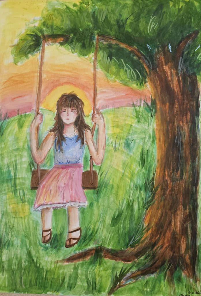 Praca przedstawia dziewczynkę huśtającą się na huśtawce zawieszonej na gałęzi drzewa