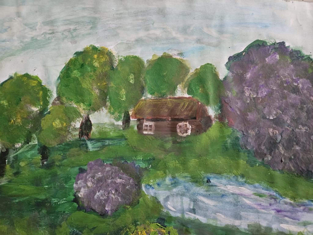 Praca przedstawia wiosenna krajobraz. Na pierwszym planie łąka z jeziorkiem krzewami bzu. Na dalszym planie domek z drzewami