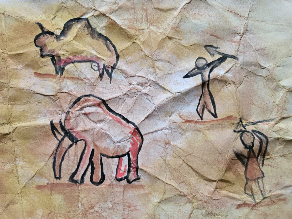 Praca inspirowana malarstwem paleolitu ze sceną z polowania. Na pierwszym planie, po lewej stronie zarysy mamutów, a po prawej ludzi z włóczniami