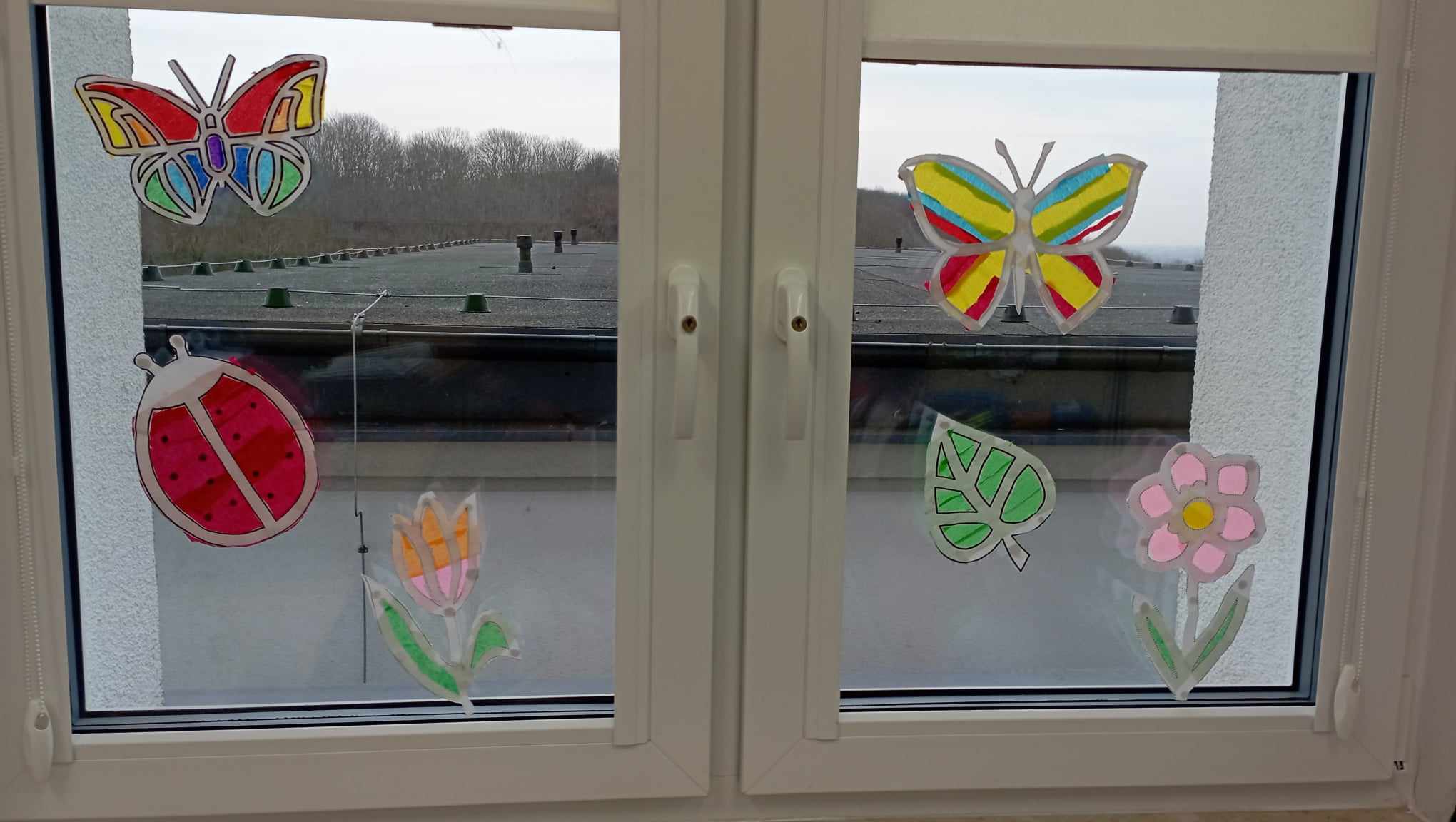 Na oknie w sali lekcyjnej przymocowane witraże przedstawiające motyle, kwiaty, liść i biedronkę. Za oknem dach od sali gimnastycznej oraz drzewa.
