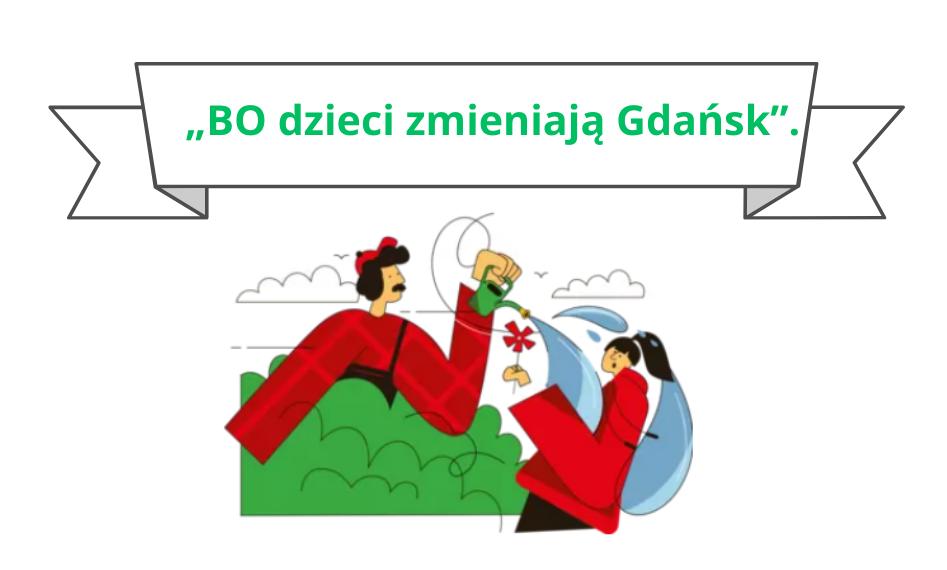 Na plakacie w centralnym jego miejscu kolorowa grafika przedstawiająca dwie postacie, kobietę i mężczyznę. Mężczyzna wynurza się z korony drzewa, trzyma w dłoni konewkę z wodą , którą oblewa niżej stojącą kobietę trzymają ca w dłoni kwitek. Nad grafiką jest transparent z napisem: "„BO dzieci zmieniają Gdańsk”.