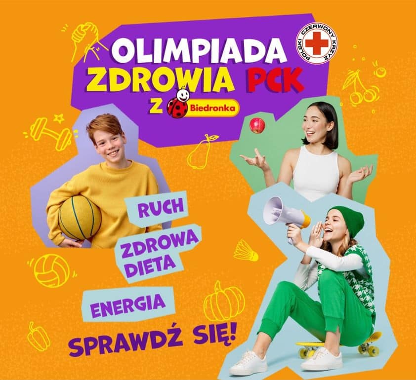 Pomarańczowo- fioletowa grafika przedstawiająca plakat Ogólnopolskiej Olimpiady Zdrowia PCK z Biedronką. Na plakacie 3 uśmiechniętych nastolatków w ruchu i hasła ruch, zdrowa dieta, energia, sprawdź się.