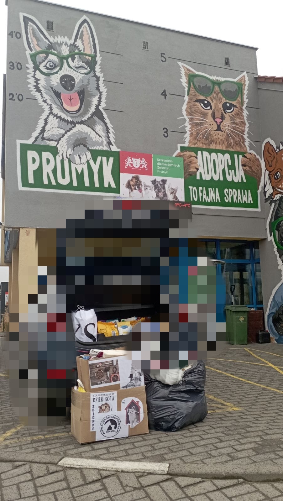 Na pierwszym planie szary samochód z otwartym bagażnikiem, a w nim pakunki. Przed autem stoją dwa kartony, jeden na drugim i wypełniony, czarny worek. Na drugim planie budynek z szyldem PROMYK ADOPCJA i podobiznami psa i kota. 
