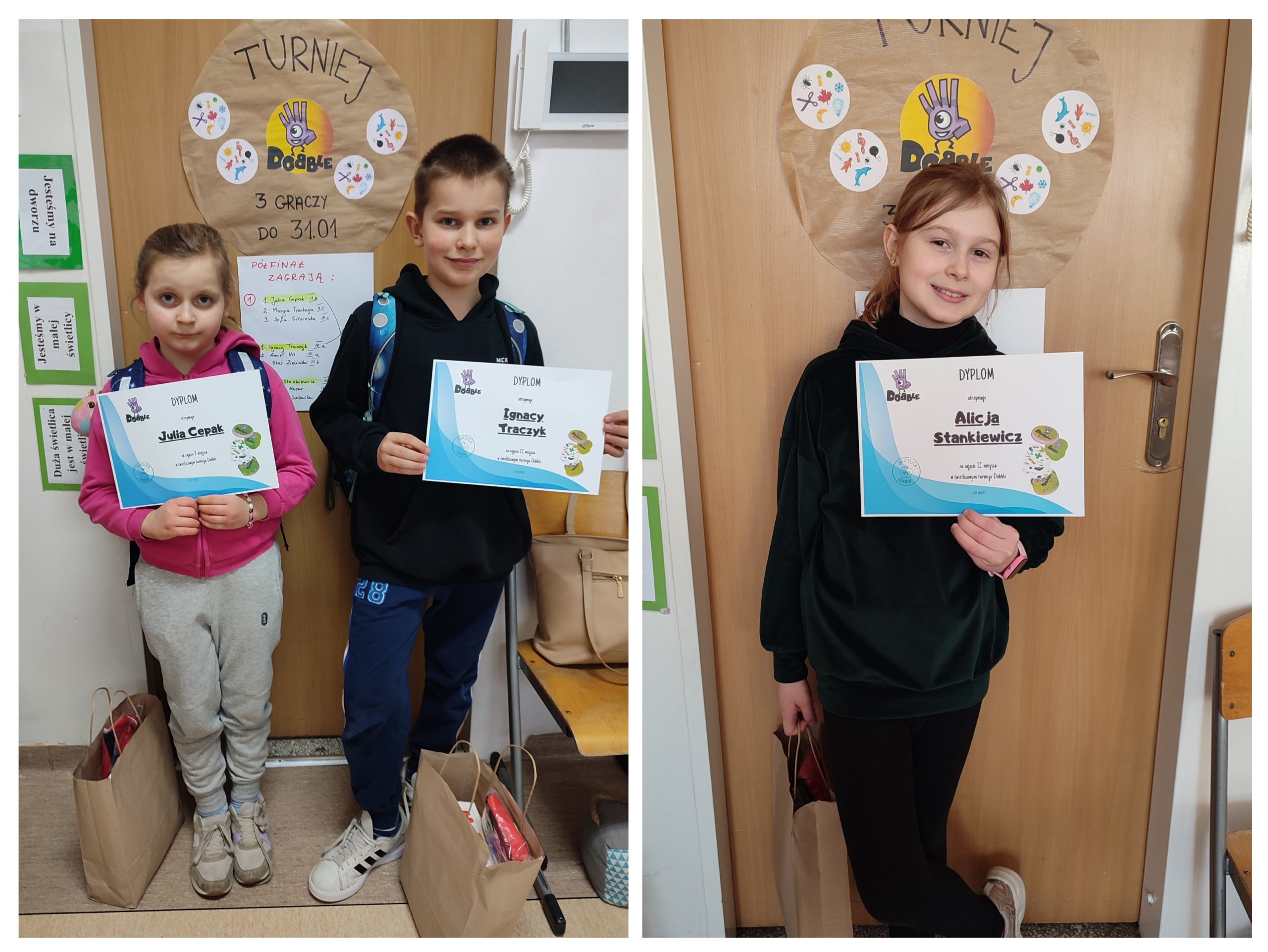 Kolaż 2 zdjęć. Na jednym na tle drzwi z plakatem informującym o turnieju stoi 2 dzieci z dyplomami w ręku. Na drugim zdjęciu jedna dziewczynka z dyplomem w ręku i papierową torbą prezentową.