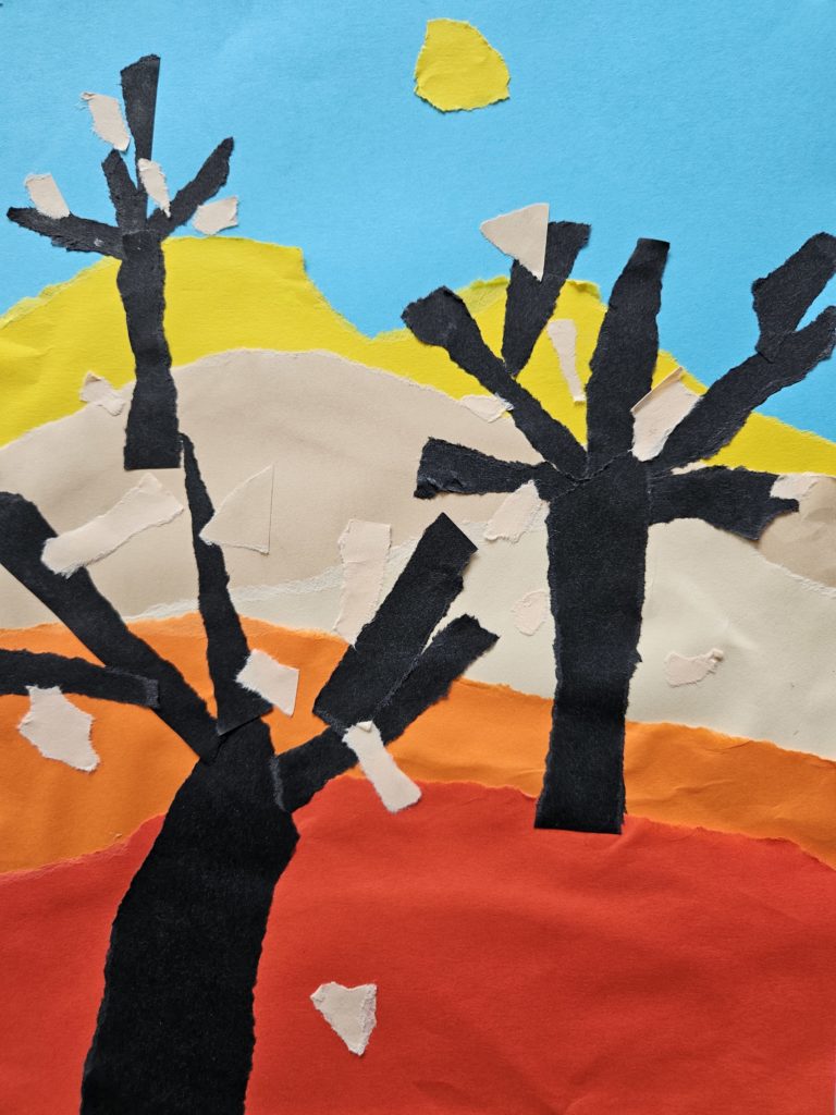 Na pierwszym i drugim planie duże brązowe drzewo. Krajobraz po horyzont, podzielony jest na cztery kolorowe plany.