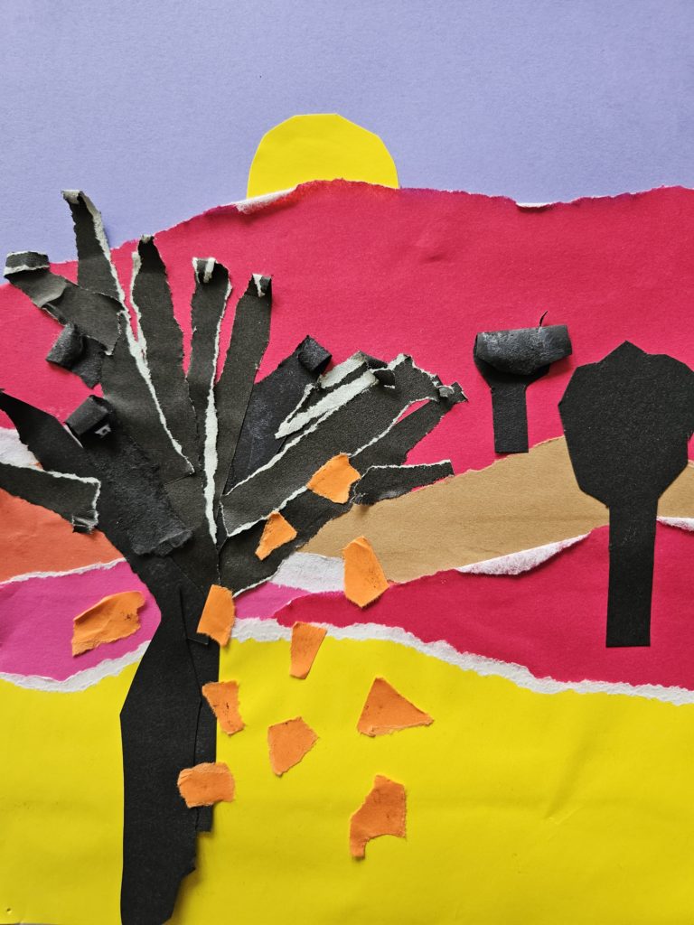 Na pierwszym, drugim i trzecim planie zmniejszające się bryły ciemnych drzew. Ziemia, po horyzont podzielona jest na cztery plany.