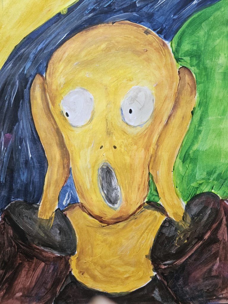 Obraz przedstawia własną interpretację dzieła pt "Krzyk". Na pierwszym planie, centralnie duża zniekształcona twarz  przerażonego człowieka.