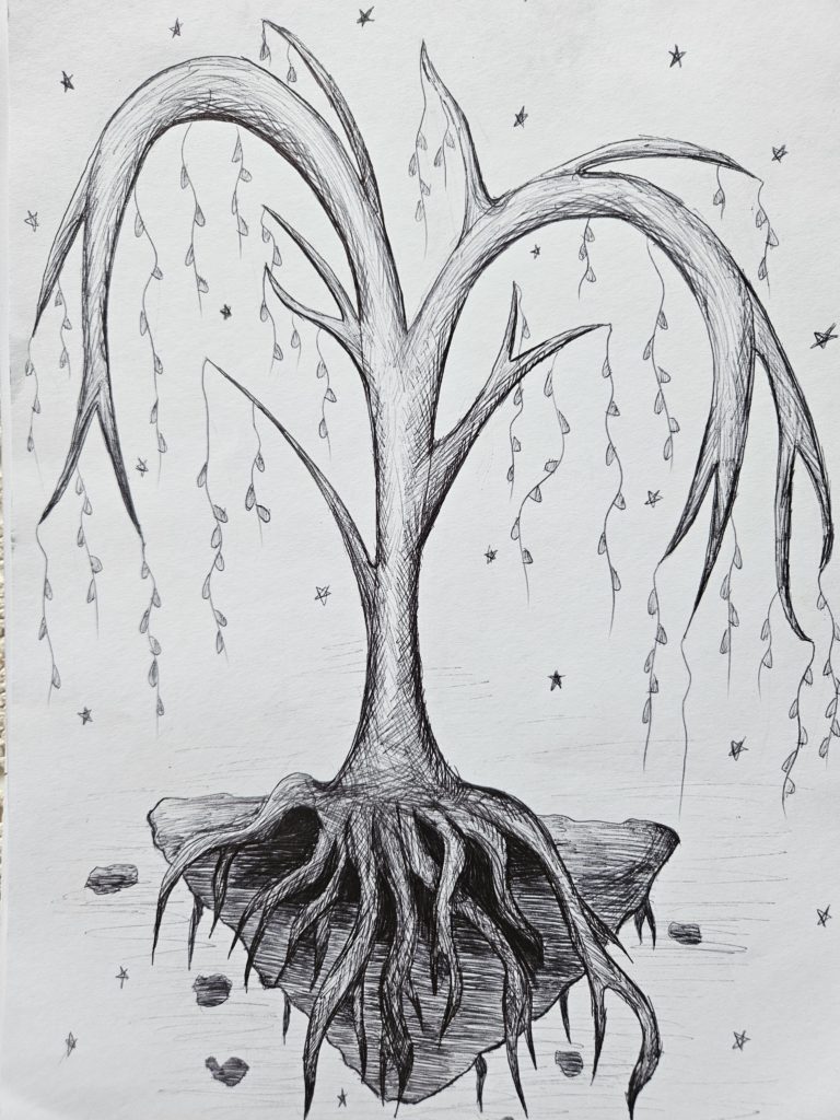 Rysunek przedstawia fantastyczne drzewo z mocno wyeksponowanymi korzeniami
