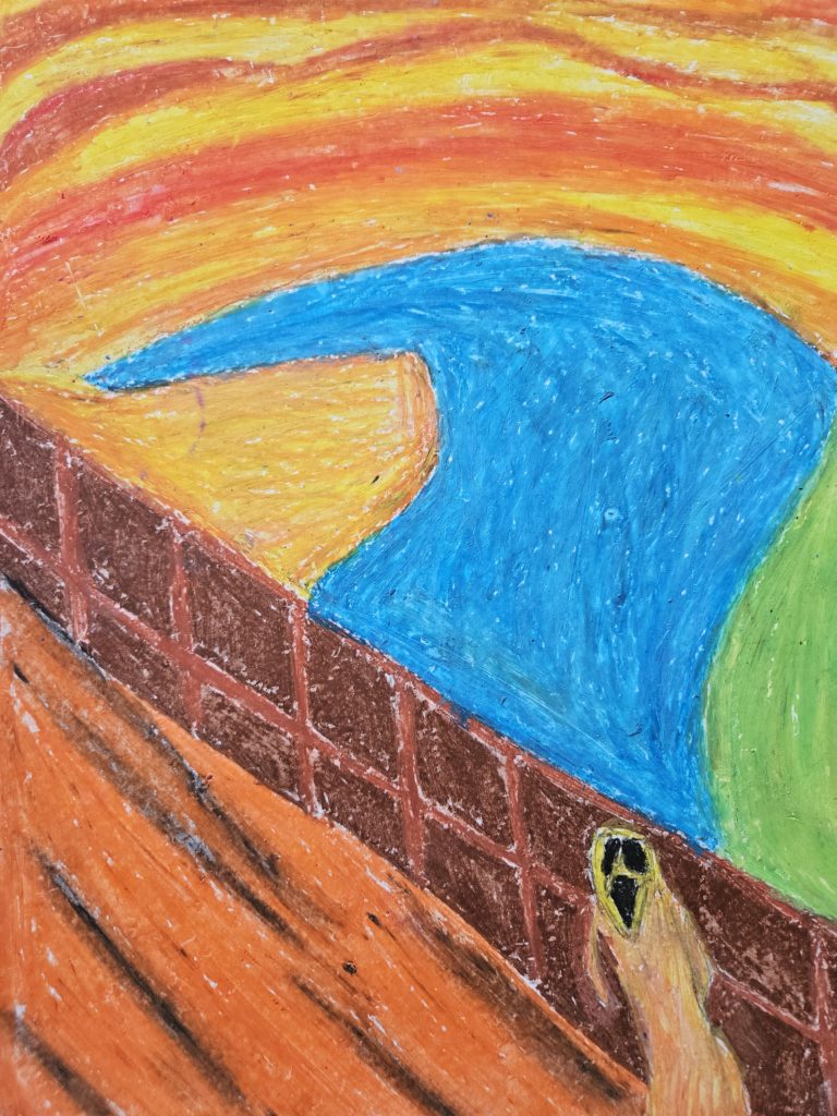 Praca przedstawia interpretacją dzieła. Na pierwszym planie pomost nad wodą a nim zagubiona sylwetka człowieka.