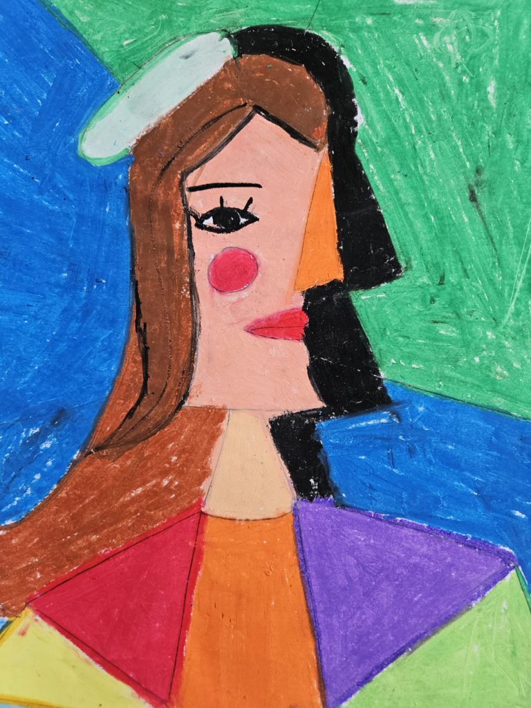 Praca przedstawia twarz młodej dziewczyny. Uproszczone kształty, konturowość, kontrastowe, żywe barwy