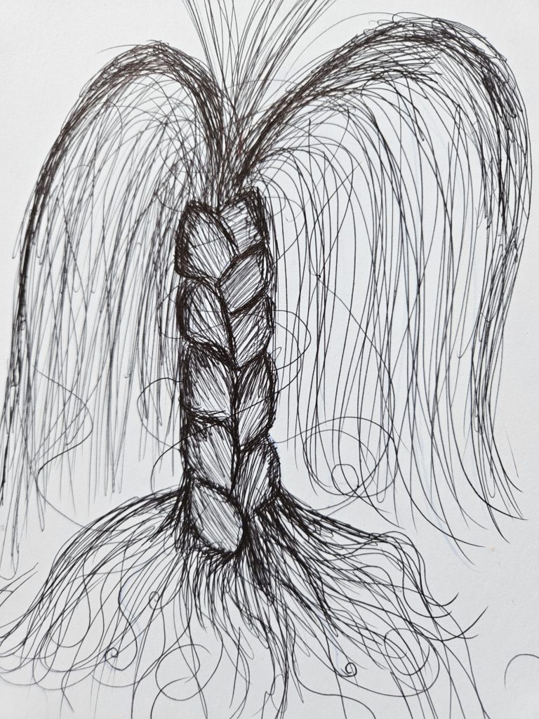 Rysunek przedstawia splecione w warkocz, fantastyczną wizję drzewa