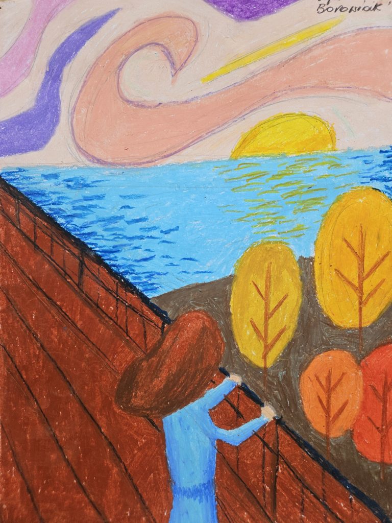 Praca jest również interpretacją obrazy Muncha. Na pierwszym planie pomost z jesiennymi drzewami i z młodą dziewczyną stojącą tyłem do widza.