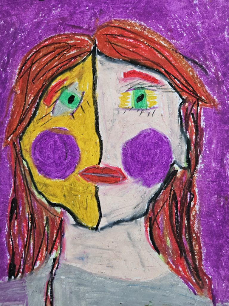 Praca przedstawia twarz młodej kobiety. Uproszczenia, abstrakcyjne, żywe barwy