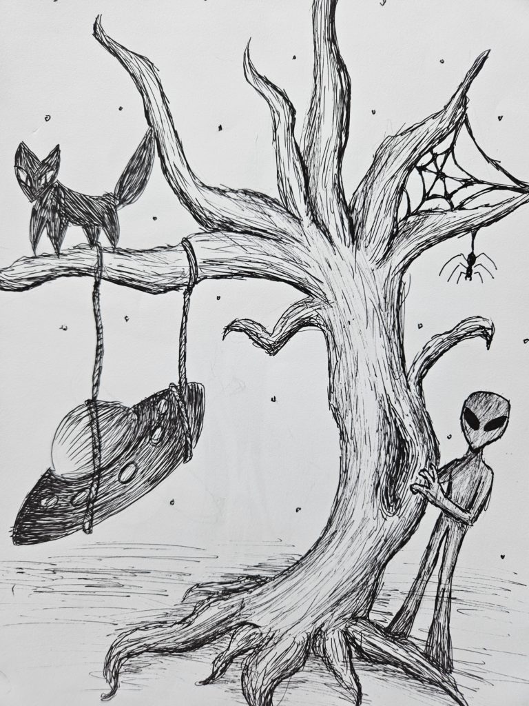 Rysunek przedstawia drzewo, na gałęzi którego wisi na lince spodek UFO a z drugiej strony chowa się za nim postać kosmicznej postaci