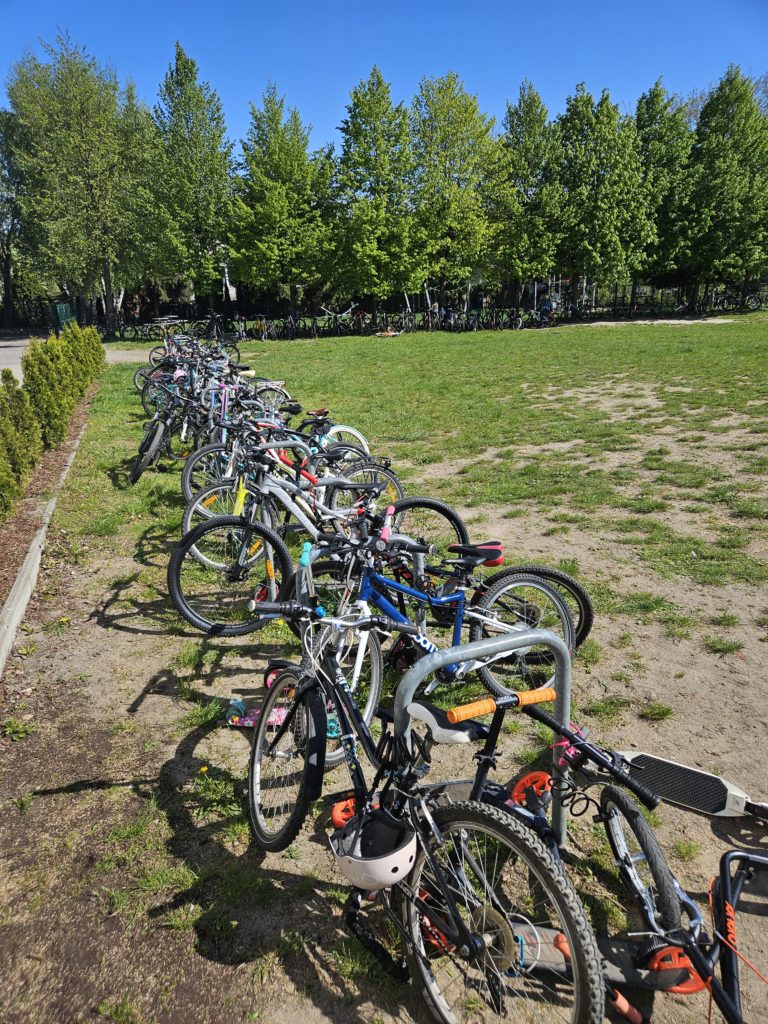 Sterta rowerów przypiętych gęsto do stojaków przed szkołą