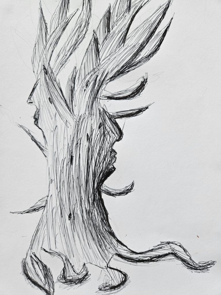 Rysunek przedstawia pień drzewa z kikutami po konarach. Kształt pnia przypomina profil twarzy