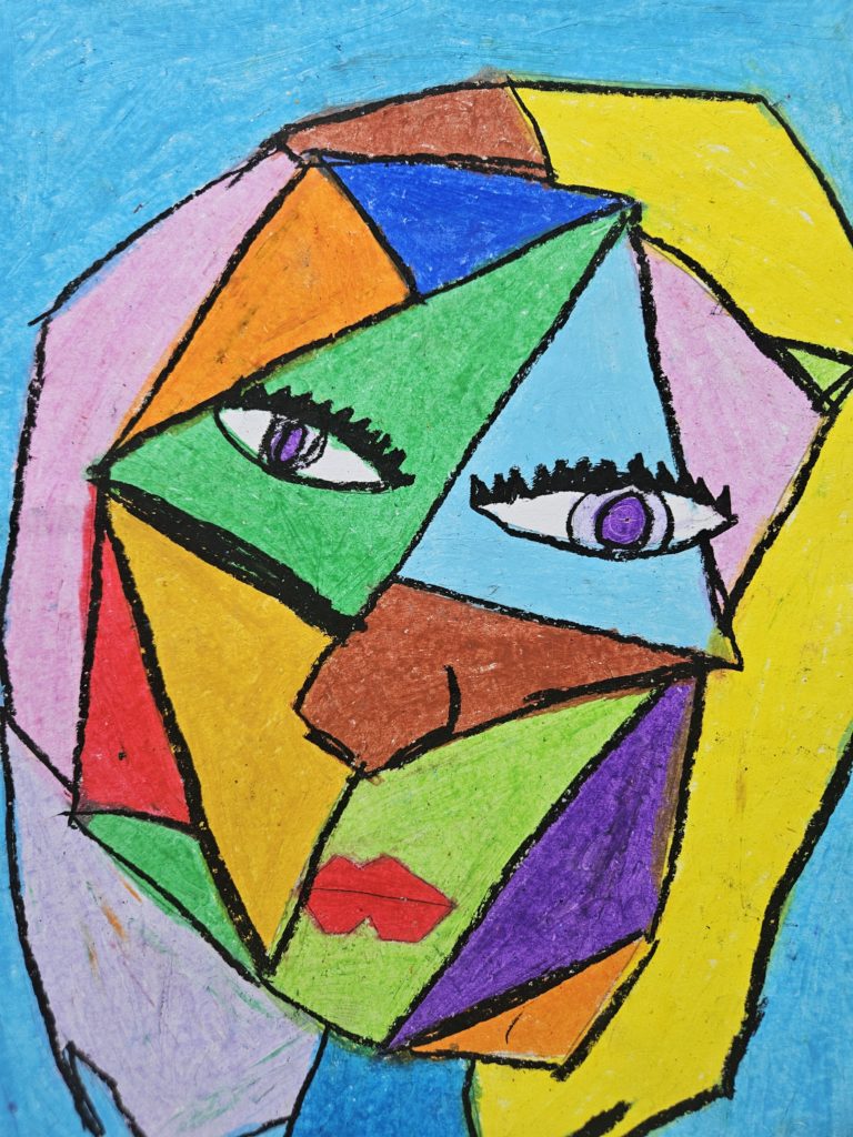 Praca przedstawia twarz mldej dziewczyny. Jest mocno zgeometryzowana, uproszczona z czarna konturową kreską, szeroką gamą barwną