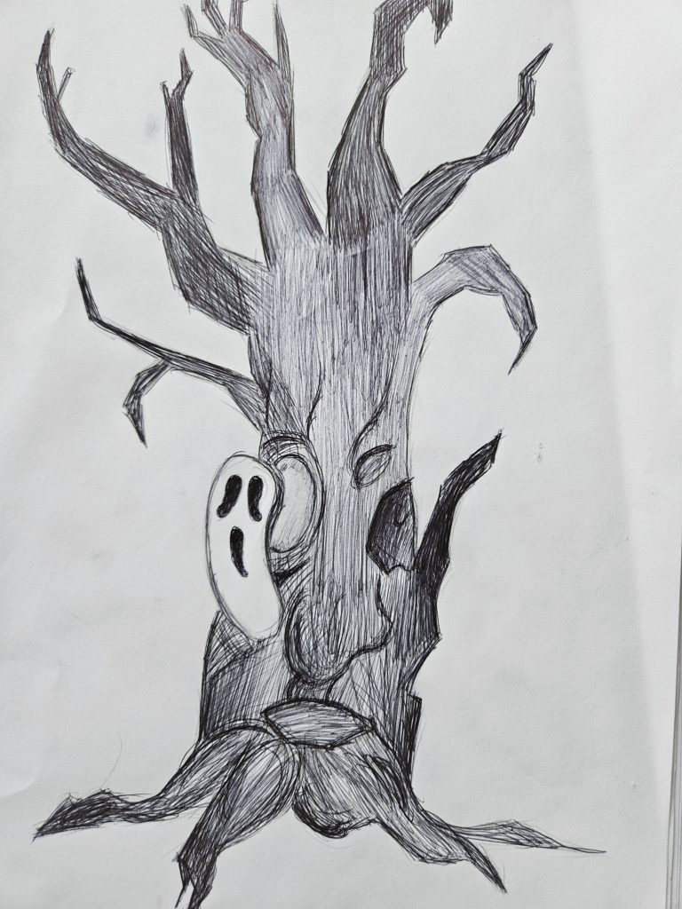 Na rysunku widzimy duże drzewo, pozbawiane konarów i gałęzi, u boku którego stoi postać fantastyczna