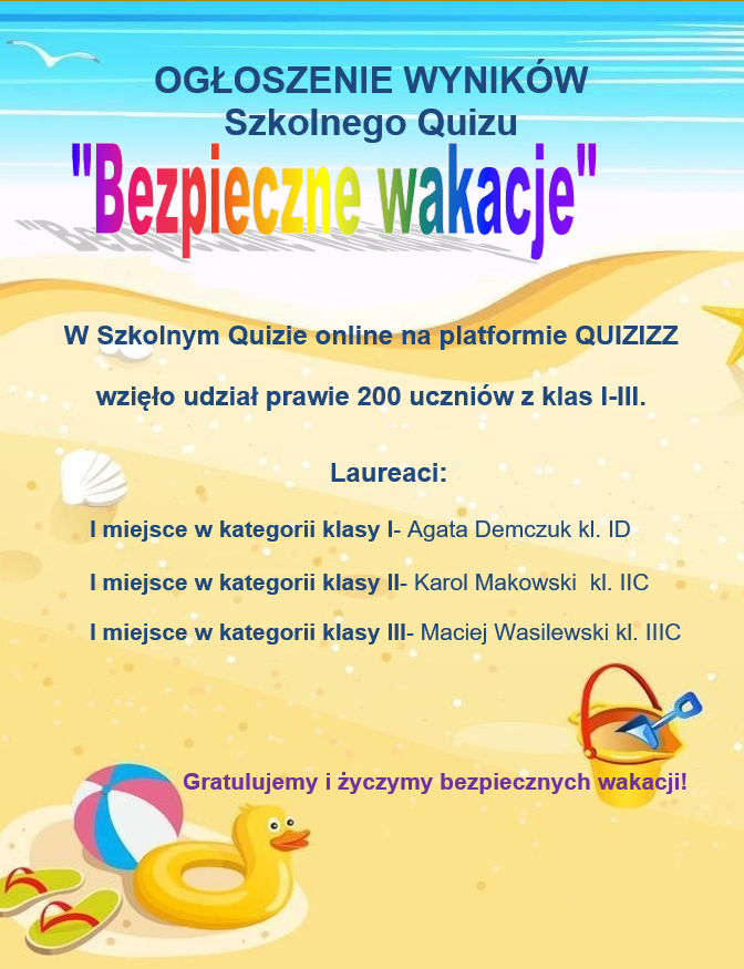 Na kolorowym tle przedstawiającym morską plażę i błękitne niebo zamieszczone zostało ogłoszenie wyników Szkolnego Quizu „Bezpieczne wakacje”.