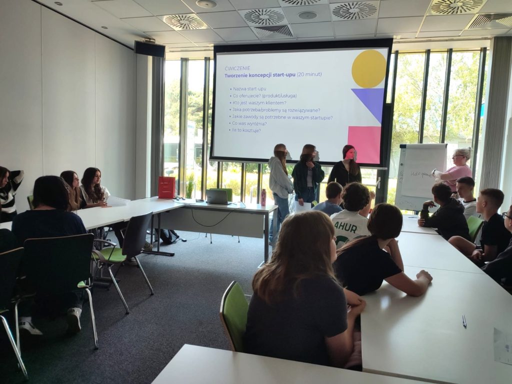 Uczniowie klasy 7a siedzą przy stołach ustawionych w literę „U”i biorącą udział w warszta-tach edukacyjnych w sali konferencyjnej, uważnie słuchając prezentacji. Na środku sali stoi kilka osób prezentujących swój pomysł, a obok nich prowadząca zapisuje coś na flipcharcie. W tle wyświetlony jest slajd zatytułowany „ĆWICZENIE – Tworzenie koncepcji start-upu (20 minut)”, zawierający pytania pomocnicze dotyczące tworzenia własnego biznesu.
