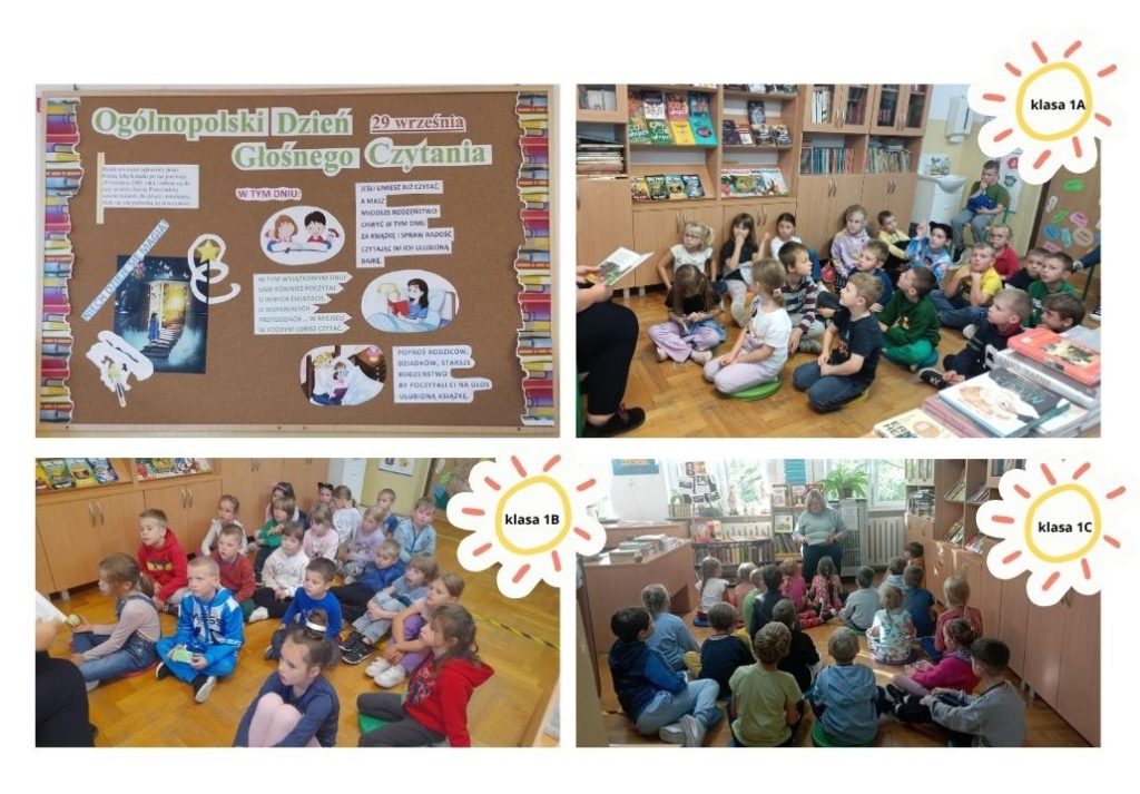 uczniowie klas pierwszych zgromadzeni w bibliotece słuchają czytanej przez bibliotekarza na głos bajki Janiny Porazińskiej pod tytułęm Szewczyk Dratewka.