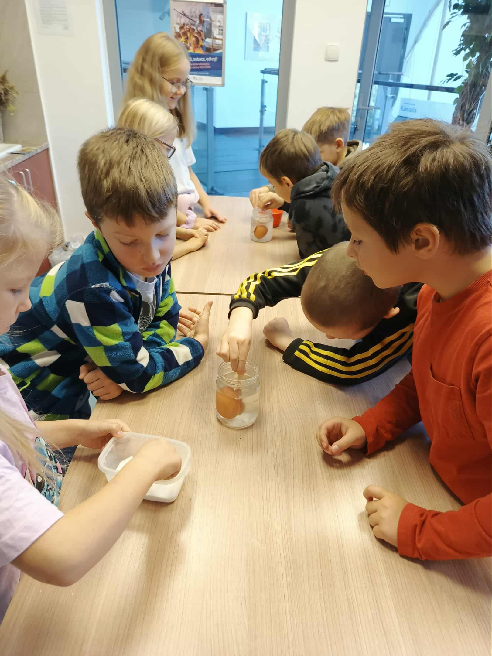 Przy stole stoi grupa dzieci. Na stole są dwa pojemniki z wodą – jeden to słoik, drugi plastikowe pudełko. W jednym słoiku pływa jajko. Dzieci wkładają ręce do wody, sprawdzając, co się dzieje.