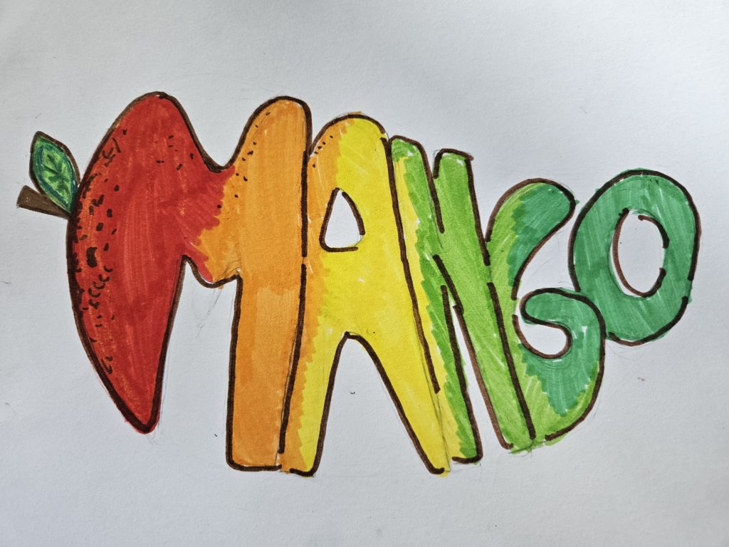 Na rysunku wykonany mazakami napis  - "Mango"