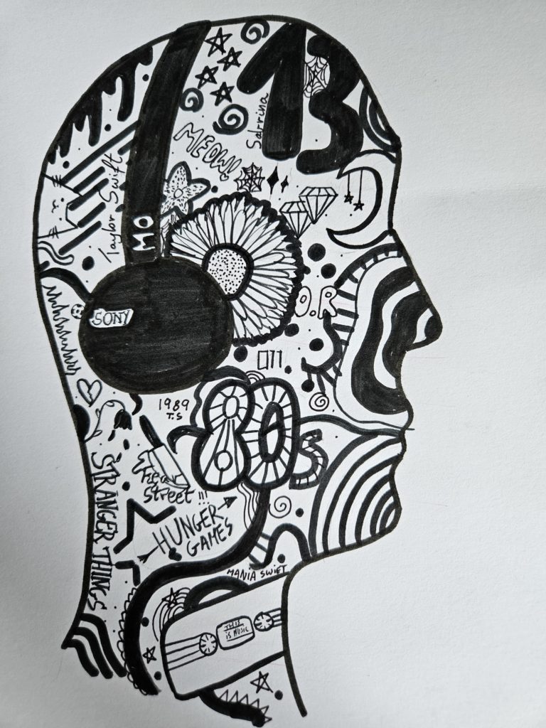 Projekt graficzny jest o konturach profilu głowy ze słuchawkami. Wewnątrz kombinacja linii i plam w kompozycji abstrakcyjnych wzorów