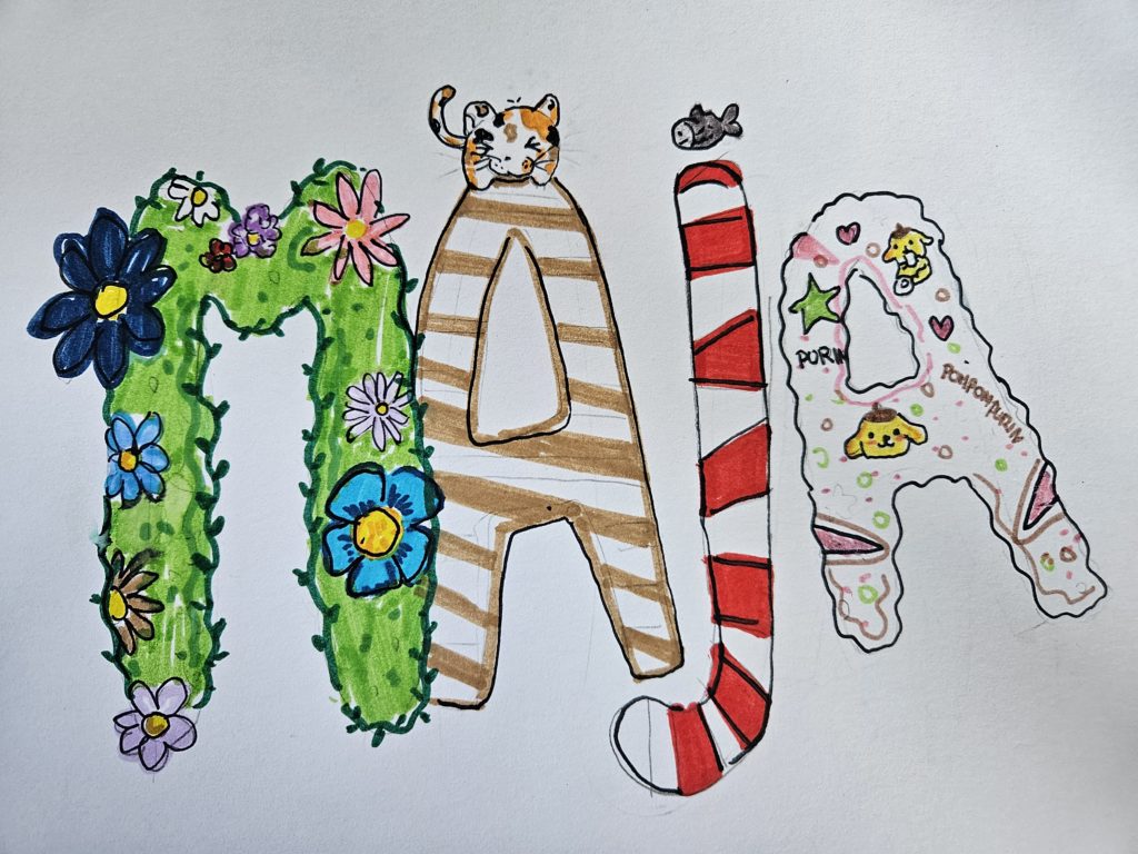 Na rysunku wielokolorowy, ozdobny napis "Maja"