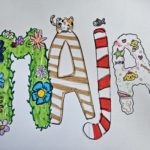 Na rysunku wielokolorowy, ozdobny napis "Maja"