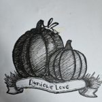 Na szarfie dwie wycieniowane dynie. Rysunek biało czarny