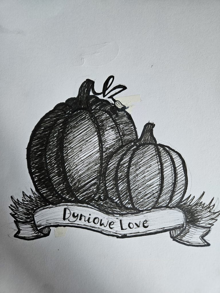 Na szarfie dwie wycieniowane dynie. Rysunek biało czarny