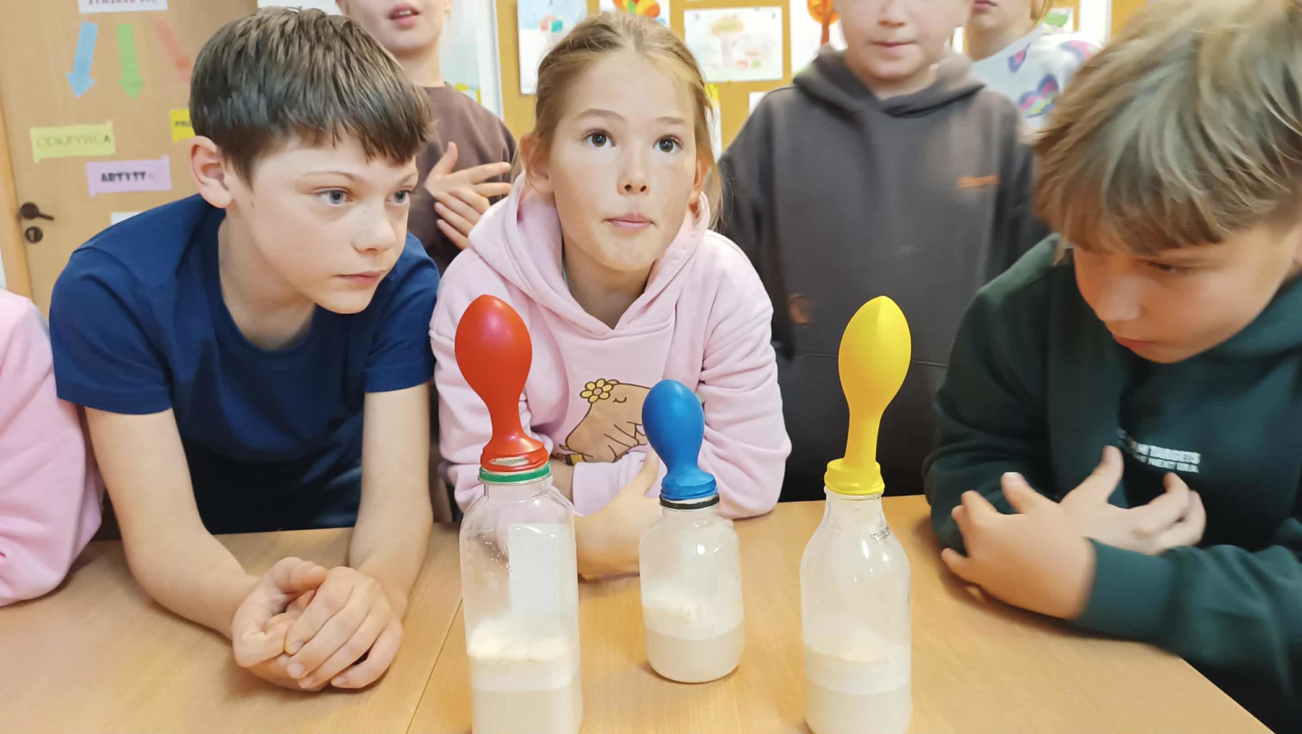 Uczniowie obserwują eksperyment z drożdżami – na butelkach z zaczynem drożdżowym znajdują się kolorowe baloniki, które zaczynają się unosić.