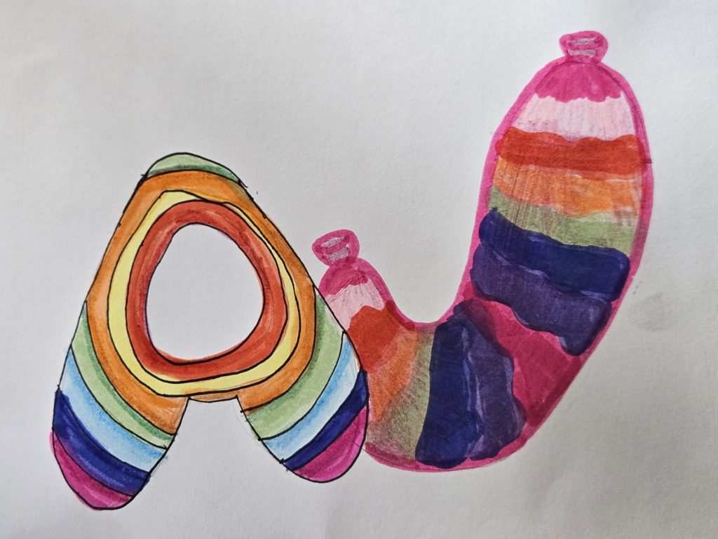 Na rysunku widać dwie połączone z sobą kolorowe literki A i J