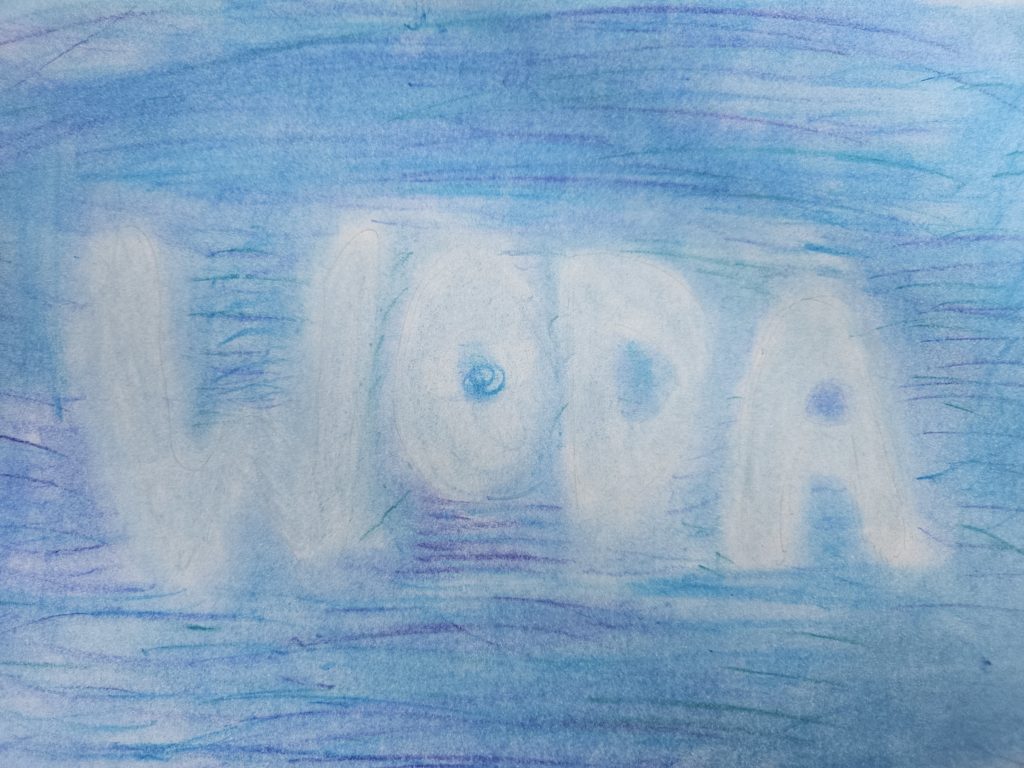 Na rysunku pastelowy wyraz  "Woda"