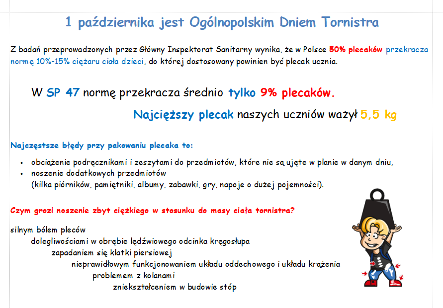 Na jasnym tle kartki zapisane są informacje dotyczące Ogólnopolskiego Dnia Tornistra. W tle grafika przedstawiająca chłopca unoszącego duży ciężar.
