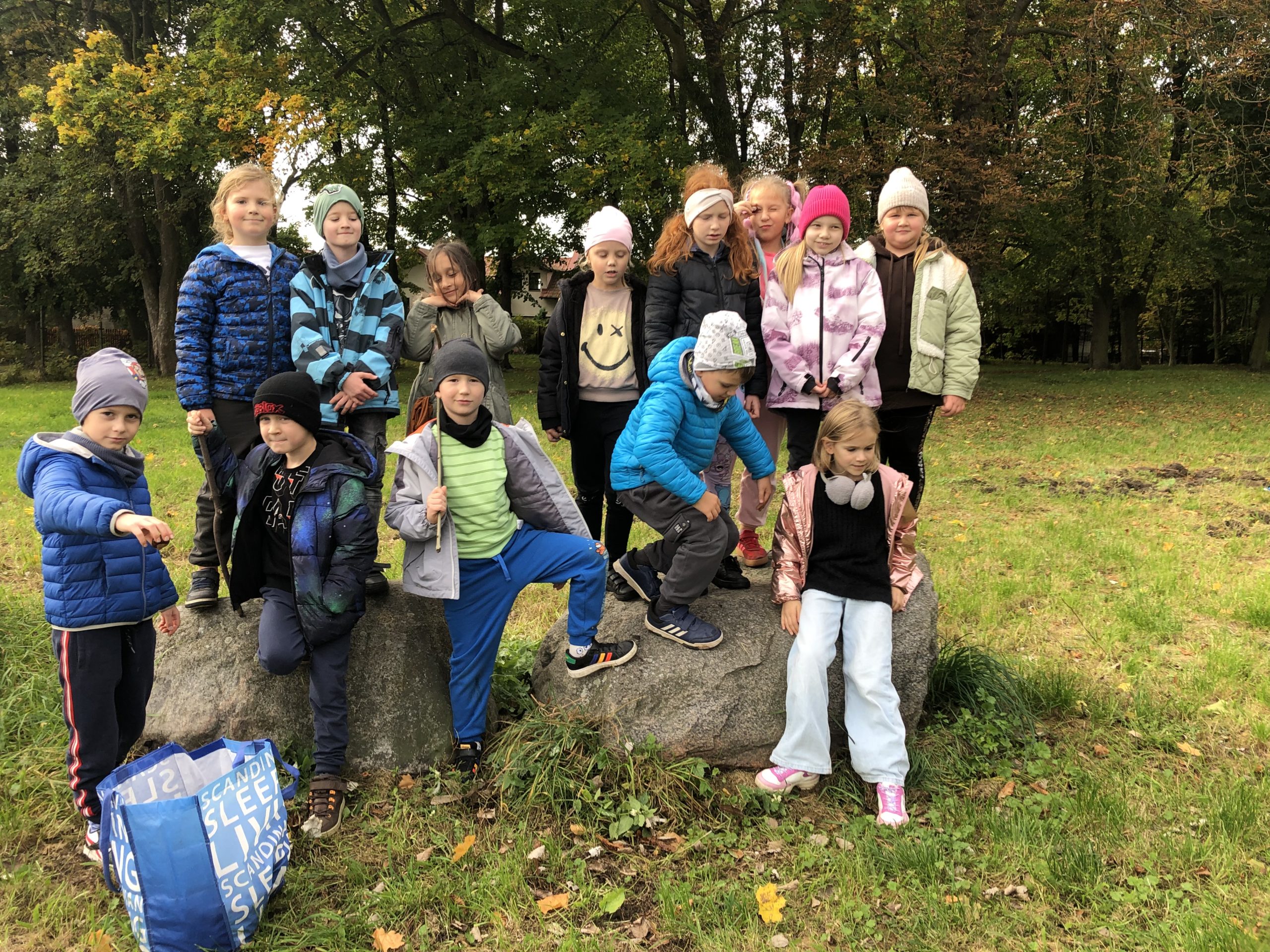 Grupa 14 dzieci stopni na i przy olbrzymim kamieniu.