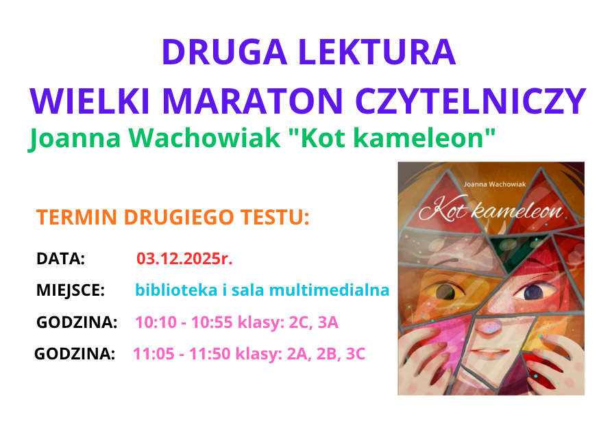 Druga lektura Wielkiego Maratonu Czytelniczego - okładka książki z tytułem i ilustracją data, miejsce i godzina testu dla różnych klas.