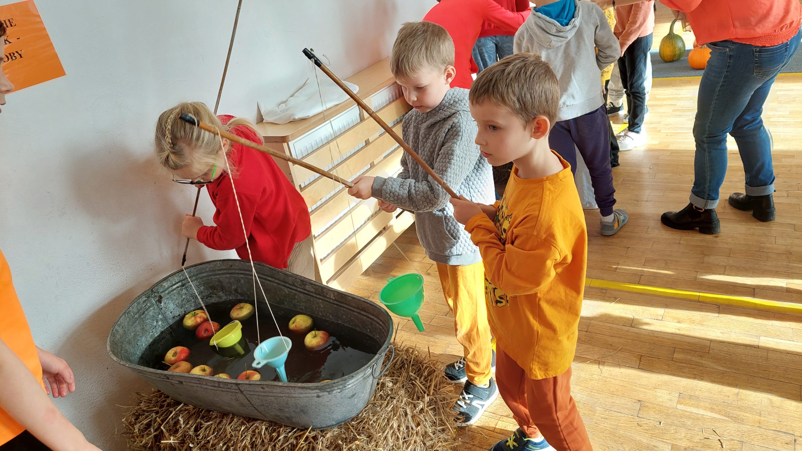 W ocynkowanej balii, ustawionej na sianie, pływają jabłka. 3 dzieci używają patyków z zaczepionymi lejkami do wyłowienia jabłek.