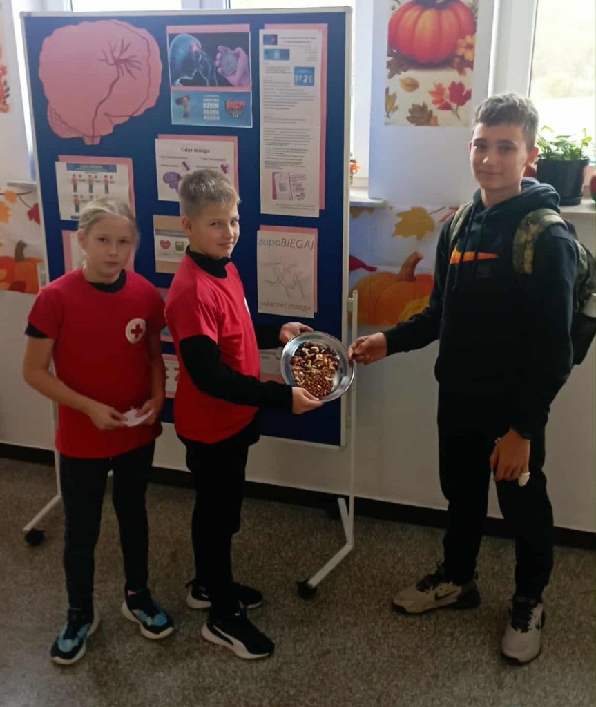 Na półpiętrze szkolnego korytarza na tle tablicy z plakatem na temat udaru mózgu stoi 2 członków Koła PP HOPR w czerwonych koszulkach. Jeden uczeń trzyma tacę z orzechami, uczennica trzyma ulotki. Przed nimi stoi inny uczeń częstujący się orzechami