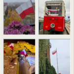 Kolaż czterech zdjęć przedstawiających polskie flagi w różnych miejscach: Mała flaga Polski wetknięta w doniczkę z różowymi kwiatami na tle jesiennego krajobrazu. Czerwono-kremowy zabytkowy tramwaj z wywieszoną biało-czerwoną flagą i tablicą „Tramwaj Niepodległości”. Dwie polskie flagi powiewające nocą na tle podświetlonej elewacji zabytkowego budynku z kolumnami. Flaga Polski na wysokim maszcie obok budynku otoczonego zielenią, na tle pochmurnego nieba.