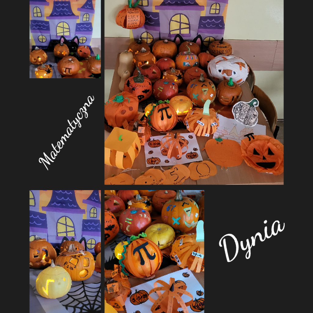 Na zdjęciu widać konkurs szkolny „Matematyczna Dynia” — czyli kreatywne połączenie Halloween i matematyki! Uczniowie ozdobili dynie symbolami matematycznymi, liczbami, wzorami i znakami działań — widać m.in. znak π, procenty, równania, figury geometryczne i inne motywy liczbowe.