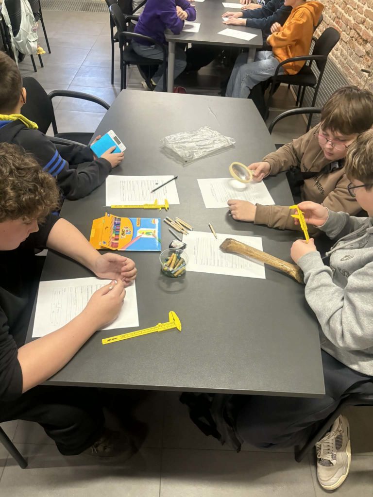 Grupa dziewczynek/ chłopców siedzi przy stole i wypełnia karty pracy