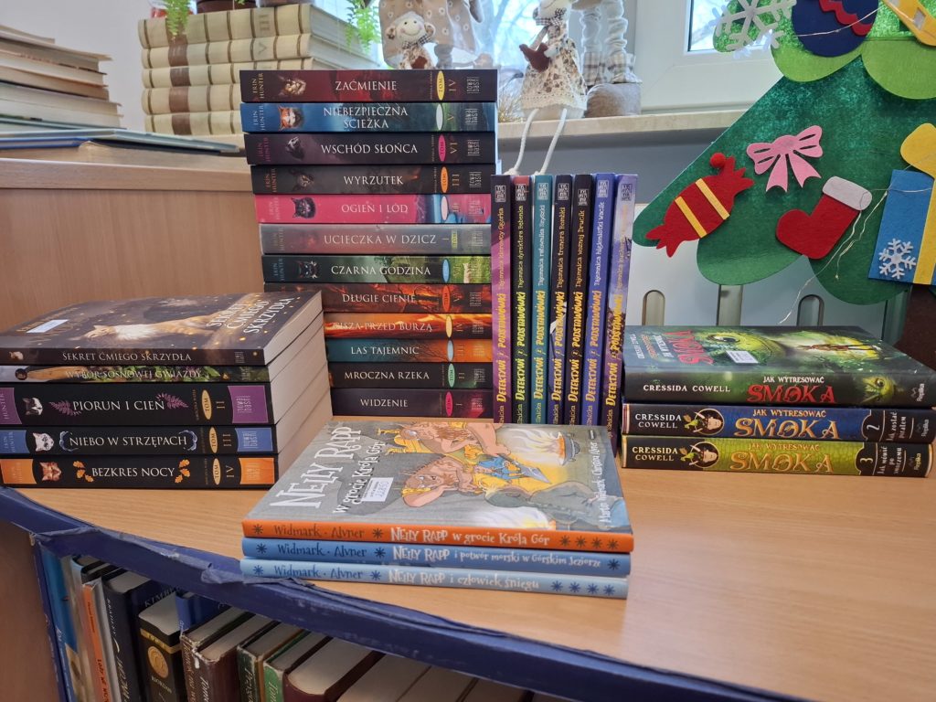 Komoda biblioteczna, na której znajdują się książkowe nowości wydawnicze zakupione do biblioteki szkolnej.