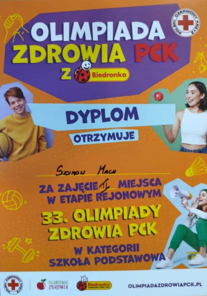 Pomarańczowo- fioletowa grafika przedstawiająca dyplom Szymona Mach za zajęcie II miejsca w Ogólnopolskiej Olimpiadzie Zdrowia PCK z Biedronką. Na dyplomie 3 uśmiechniętych nastolatków w ruchu i hasła ruch, zdrowa dieta, energia, sprawdź się.