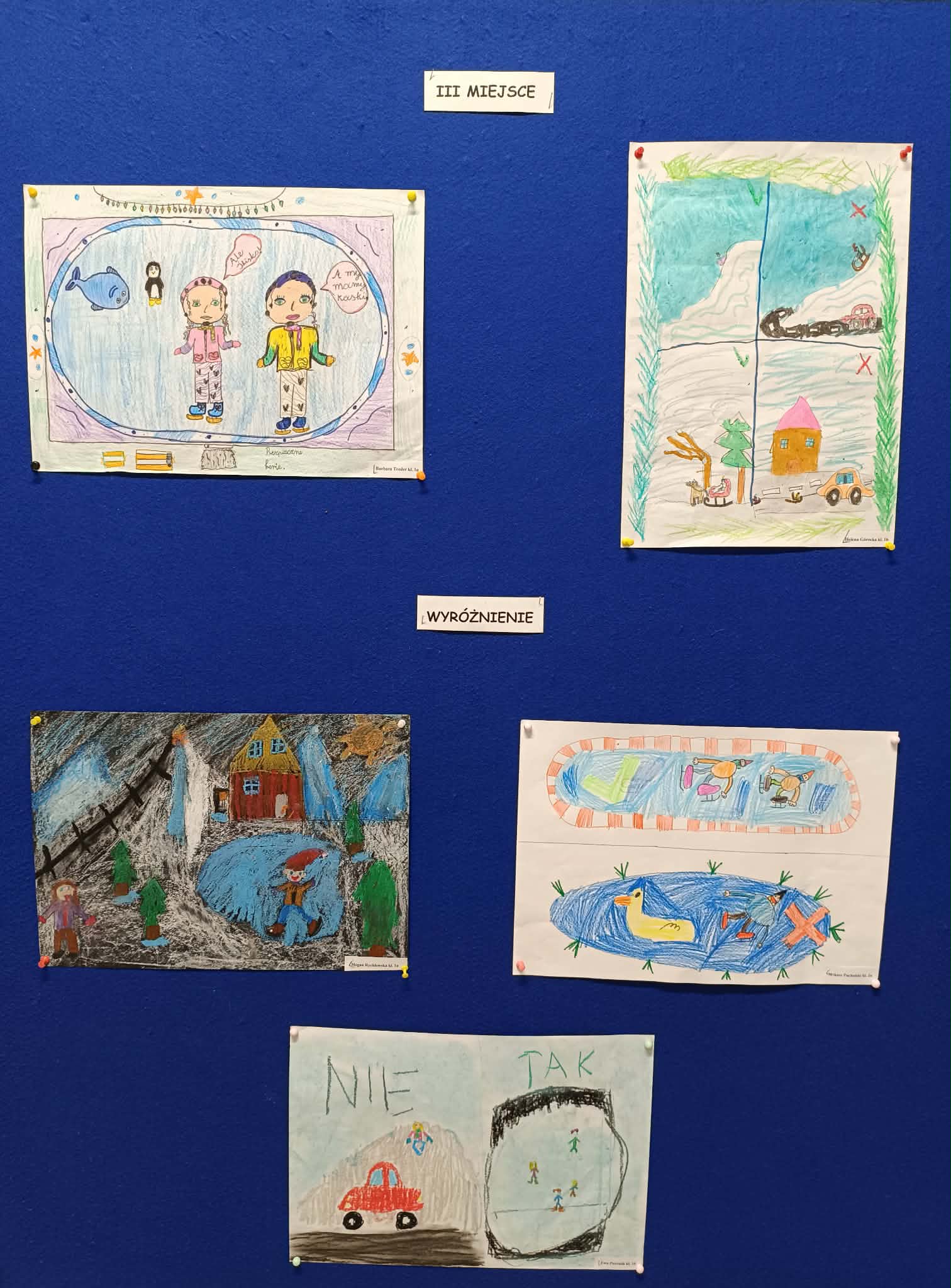 Tablica z pracami plastycznymi uczniów klas I–III oznaczonymi jako III miejsce oraz wyróżnienia. Rysunki pokazują sytuacje bezpieczne i niebezpieczne podczas ferii zimowych, oznaczone symbolami TAK i NIE.